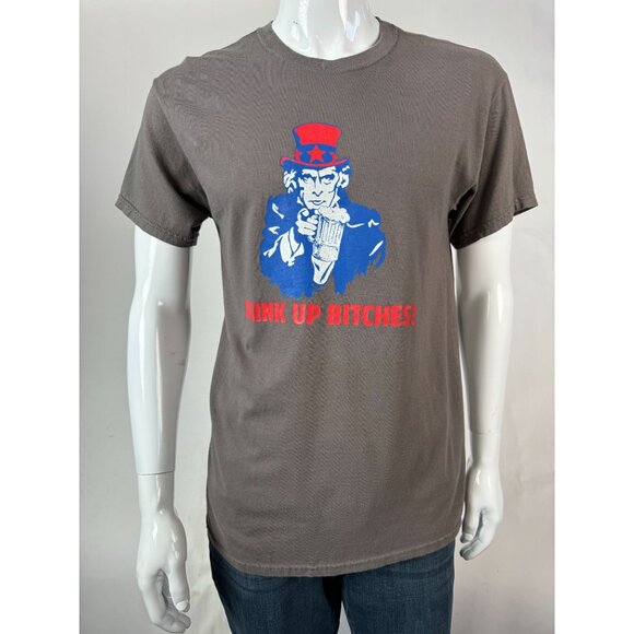 Gildan Heavy Cotton Gray Graphic T-Shirt "Drink Up!" Uncle Sam Design M - Picture 1 of 16